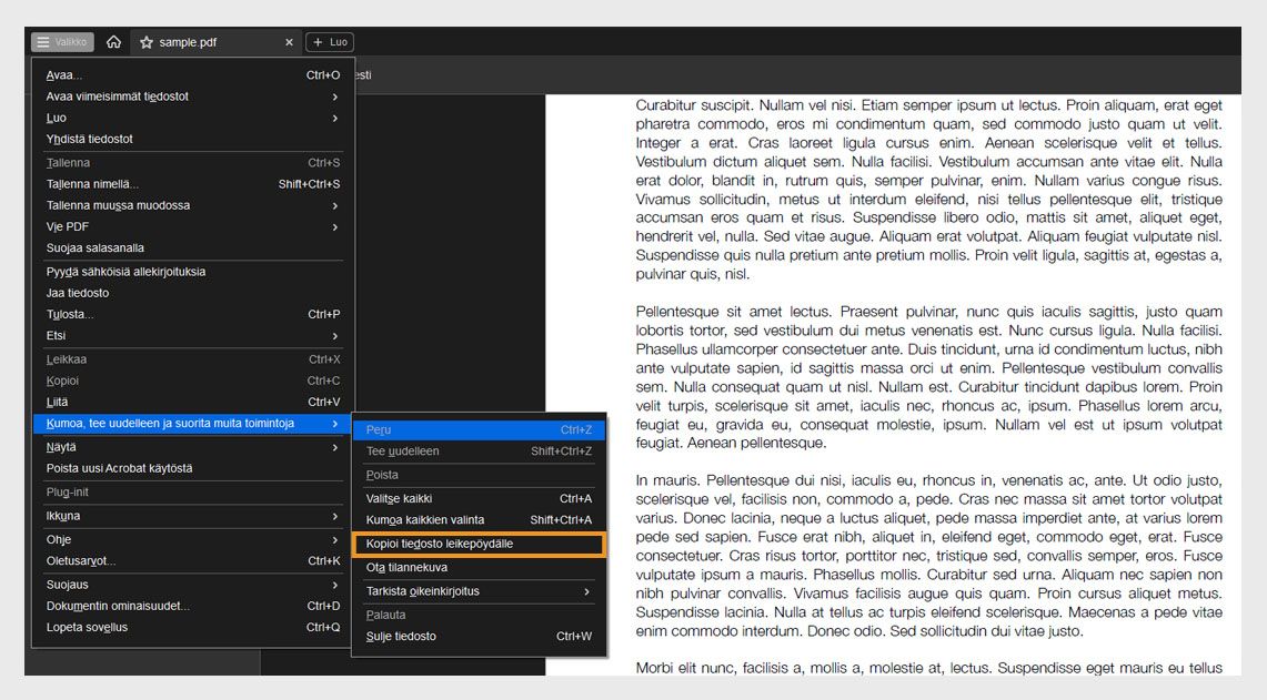 Kumoa, tee uudelleen ja muut -valikossa Kopioi tiedosto leikepöydälle -vaihtoehto on korostettu.