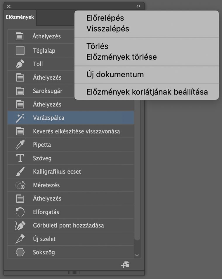 Előzmények panel és Előzmények panel menü