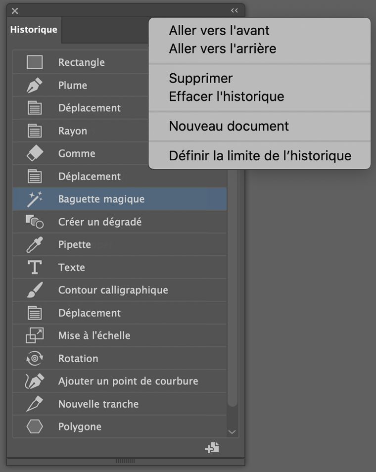 Panneau Historique et menu du panneau Historique