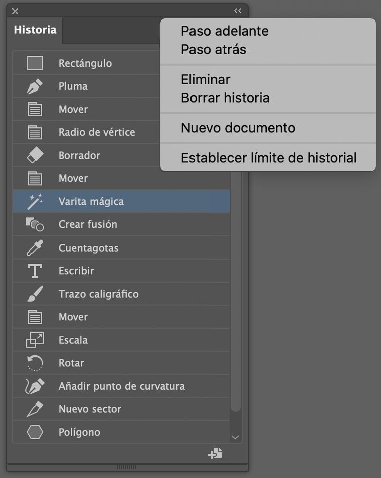 Panel historia y el menú del panel historia