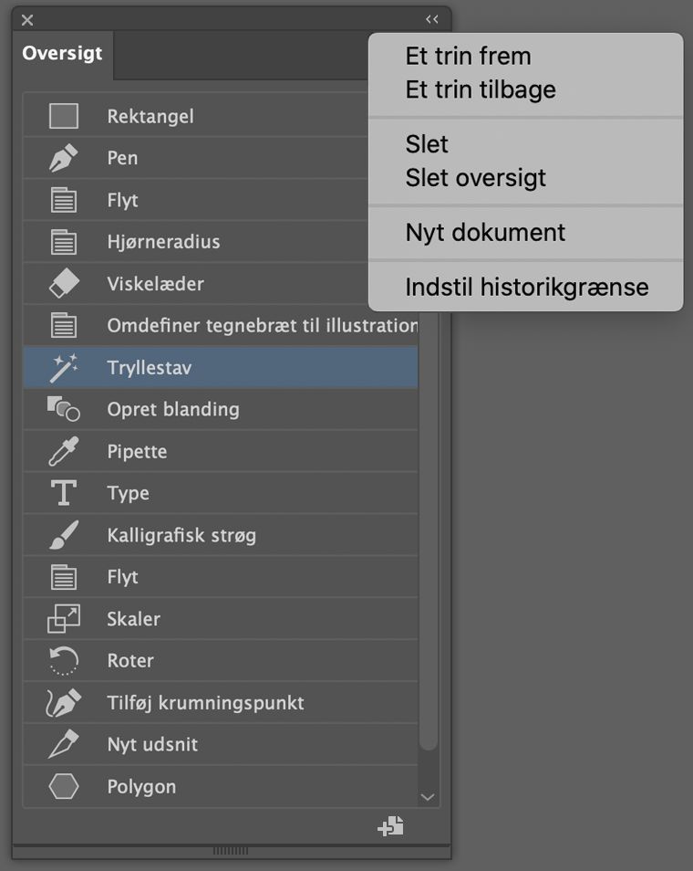 Historikpanel og Historikpanelmenuen