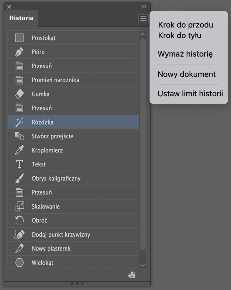 Panel Historia i menu panelu Historia