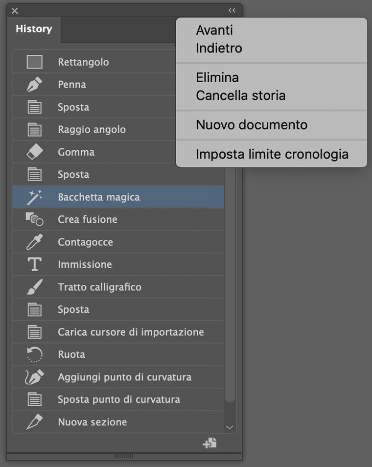 Pannello Storia e menu del pannello Storia