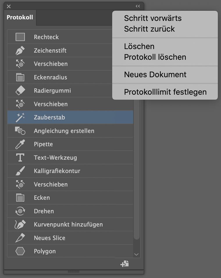 Protokollbedienfeld und Menü des Protokollbedienfelds