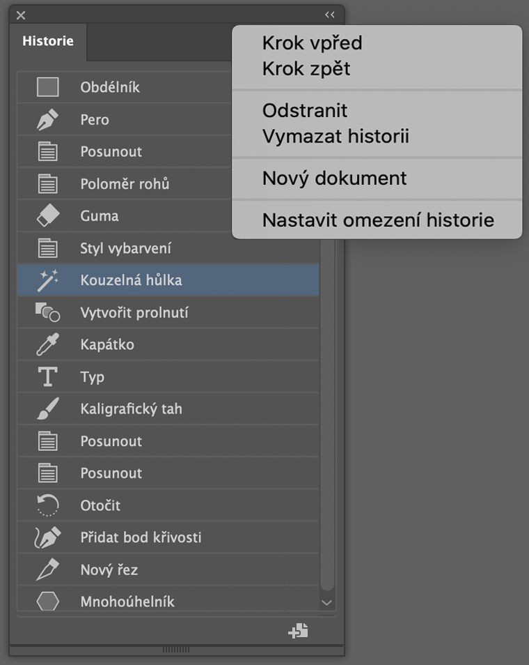 Panel Historie a nabídka panelu Historie