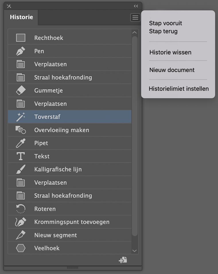 Het deelvenster Historie en het menu van het deelvenster Historie