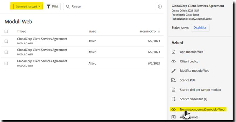Non nascondere azione per il modulo Web