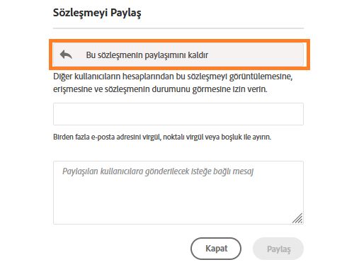 Bu sözleşmenin paylaşımını kaldır düğmesi vurgulanmış olarak Paylaş/Paylaşımı kaldır arabirimi