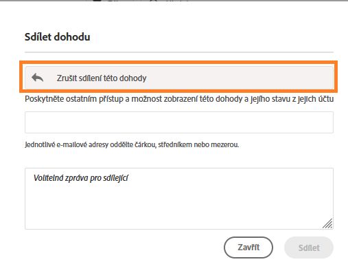 Rozhraní Sdílet / Zrušit se zvýrazněným tlačítkem Zrušit sdílení této dohody