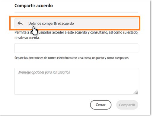 La interfaz Compartir/Anular uso compartido con el botón Anular uso compartido de este acuerdo está resaltada