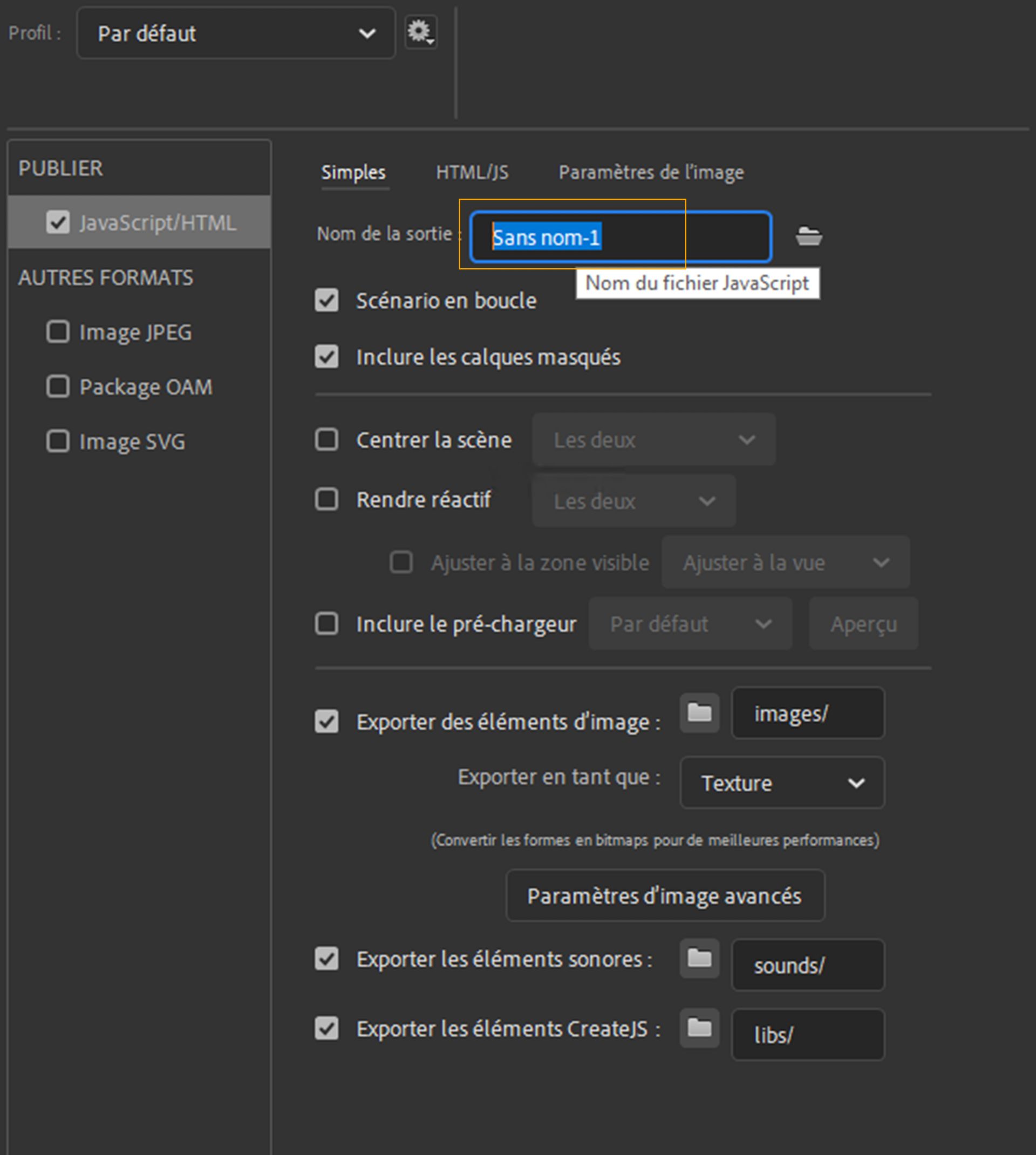 Paramètres de publication de base