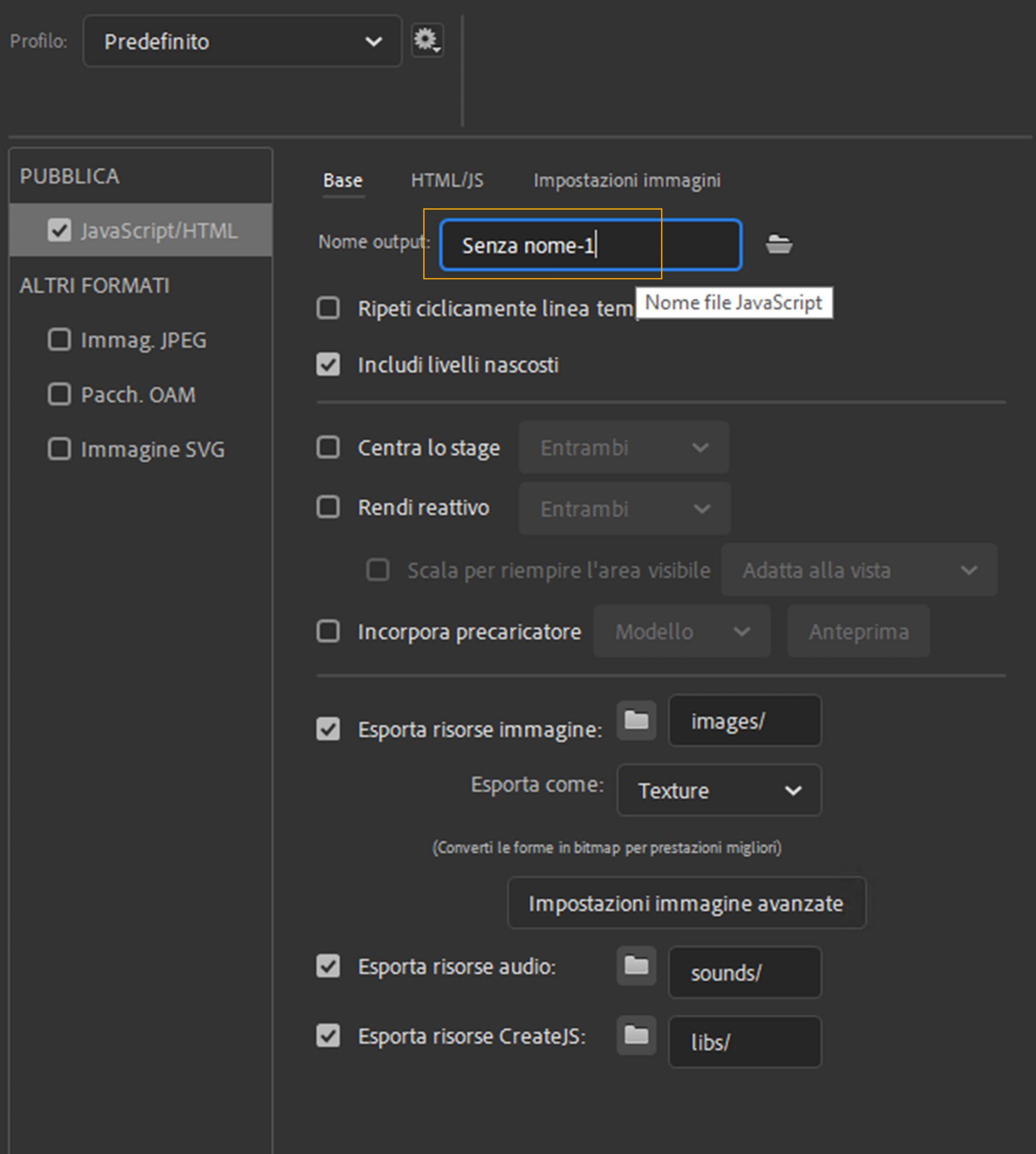 Impostazioni di pubblicazione di base