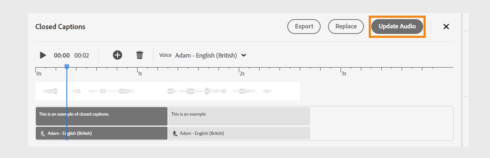 This is an image that shows how to update audio after editing captions on the timeline.