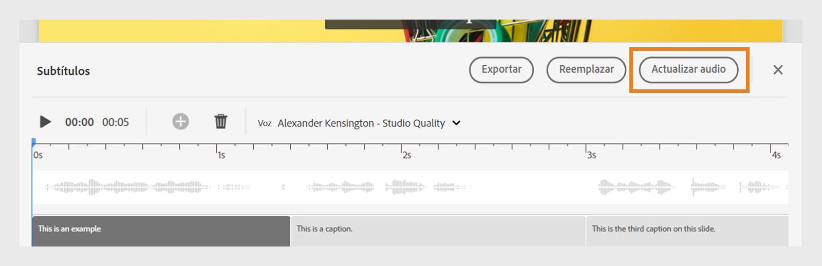 Imagen que muestra cómo actualizar el audio después de editar subtítulos en la cronología