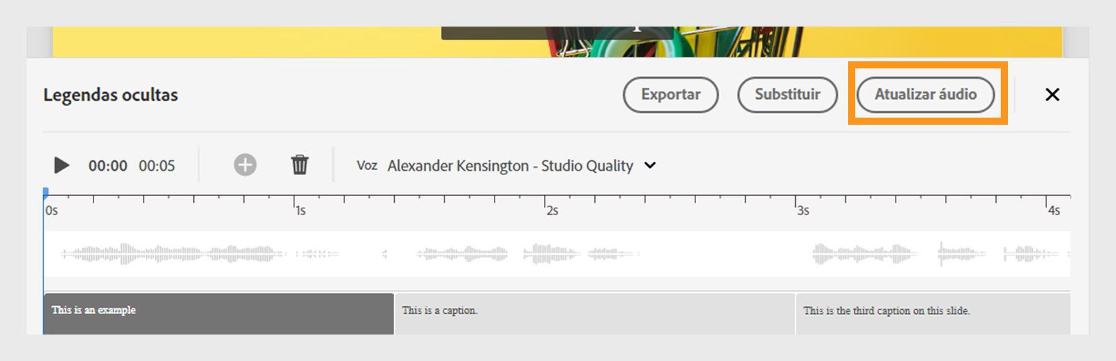 Esta imagem mostra como atualizar o áudio após a edição de legendas na linha do tempo.