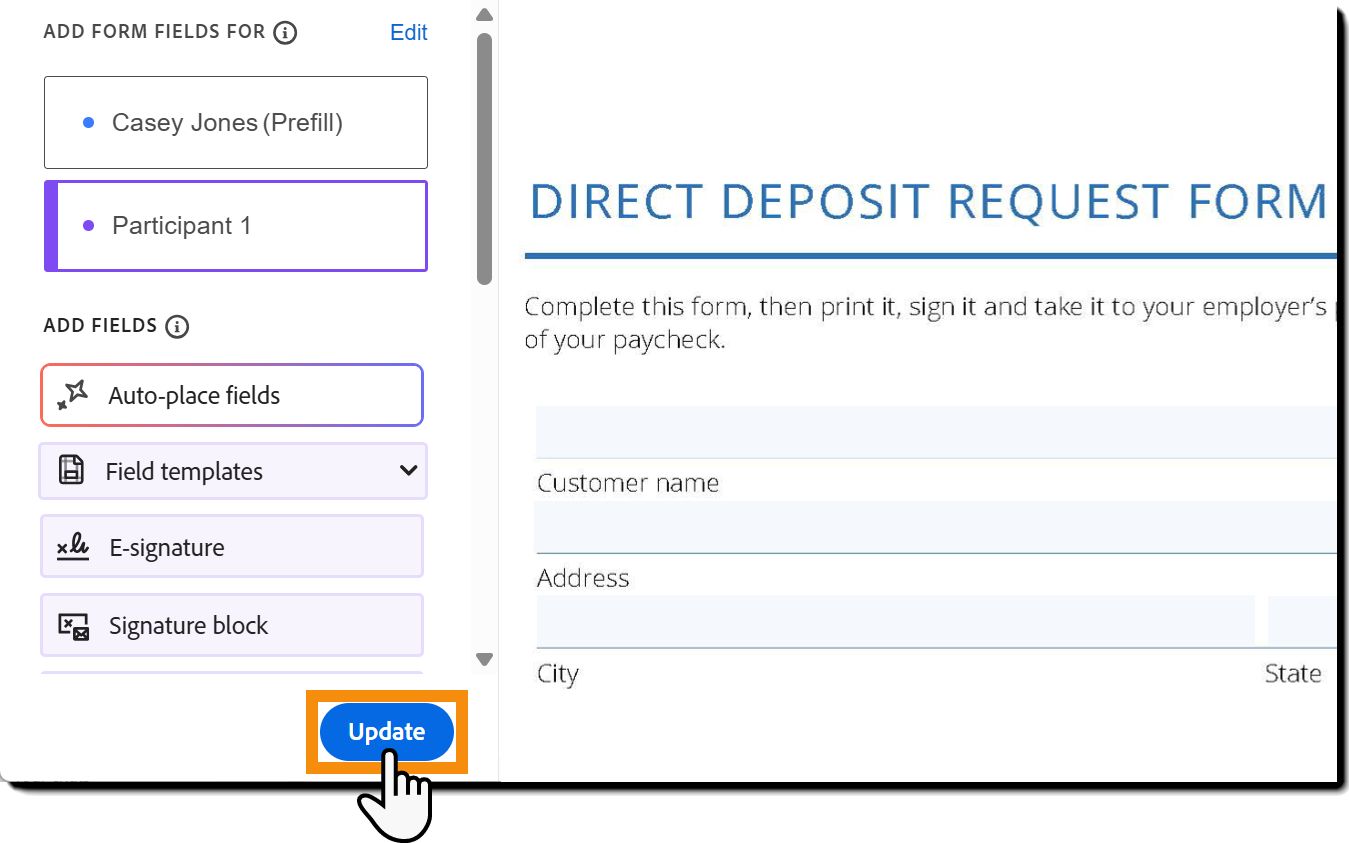 Die Field Authoring-Umgebung für Felder mit hervorgehobenem Button „Aktualisierung".