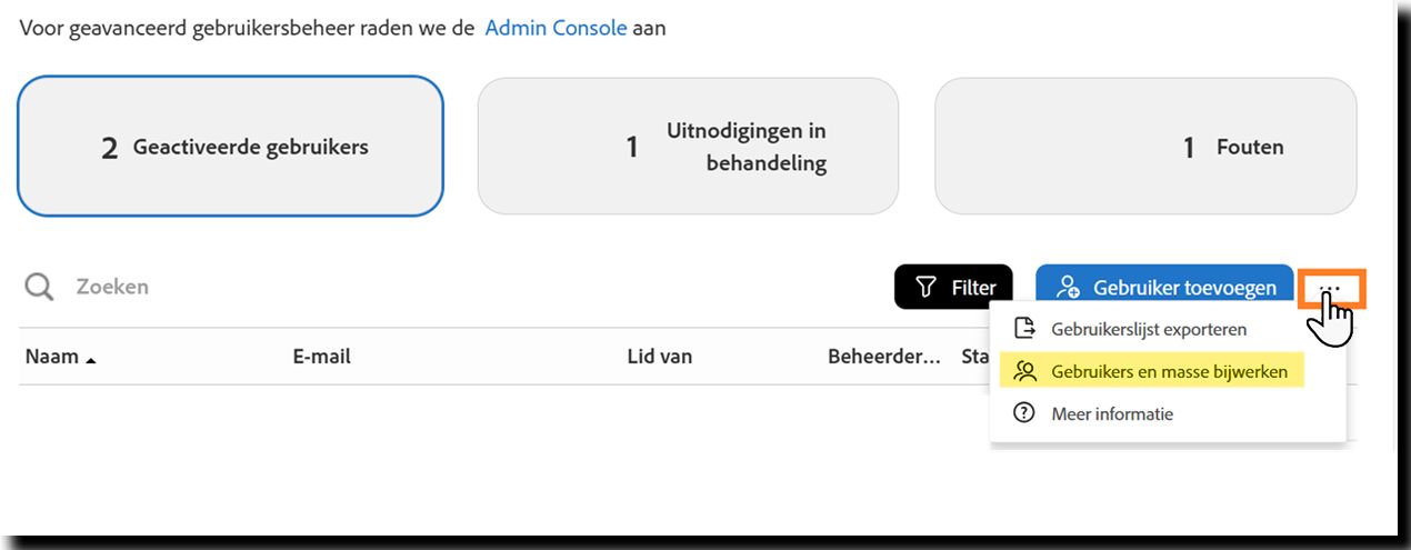 De pagina Gebruikers met de optie Gebruikers in bulk in bijwerken gemarkeerd