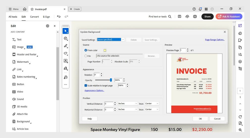 Acrobat'ta, PDF sayfaları için renk, dosya, opaklık, ölçek ve konum değiştirmek için seçenekler sunan Arka Planı Güncelle iletişim kutusu.