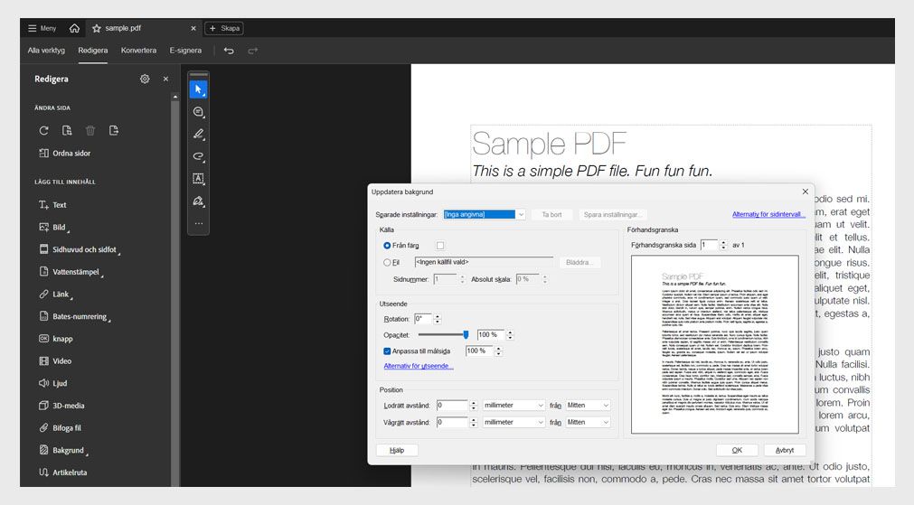 Dialogrutan Uppdatera bakgrund i Acrobat med alternativ för att ändra färg, fil, opacitet, skala och position för PDF-sidor.