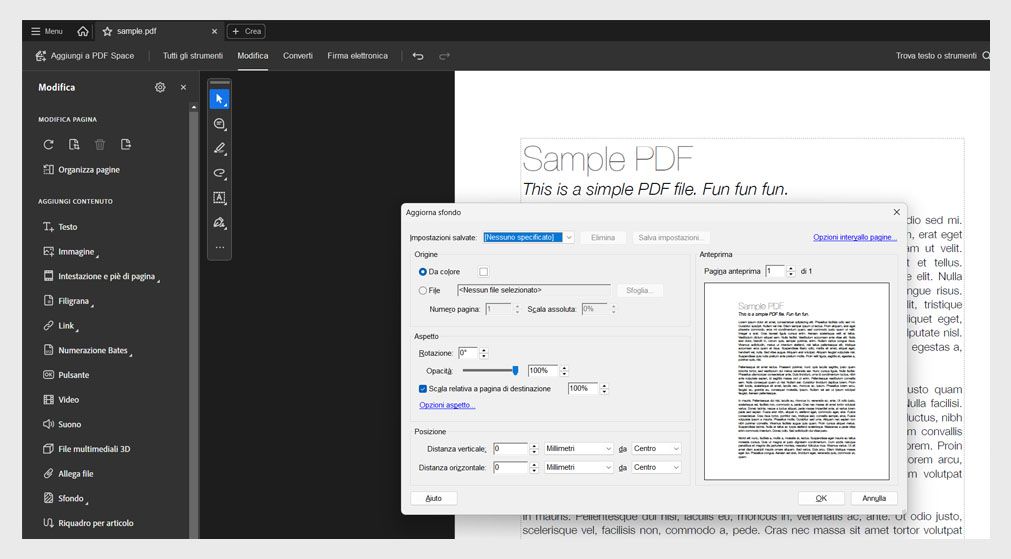 Finestra di dialogo Aggiorna sfondo in Acrobat con opzioni per cambiare colore, file, opacità, ridimensionamento e posizione per le pagine PDF.