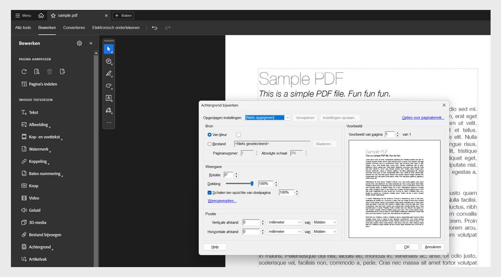 Dialoogvenster Achtergrond bijwerken in Acrobat met opties om kleur, bestand, dekking, schaal en positie voor PDF-pagina's te wijzigen.