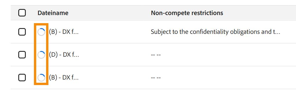Dokumente in einer Sammlung mit Fortschrittsanzeigen während der Attributaktualisierung.