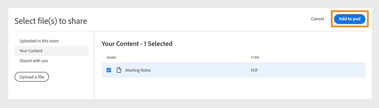 Add File interface showing options to upload a file either from the Content Library or directly from the user's device.