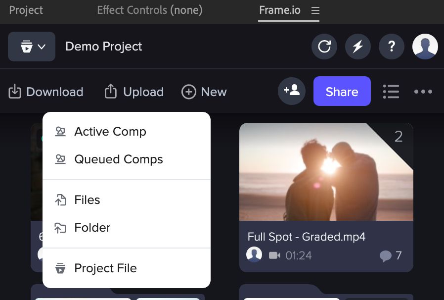 Frame.io loga augšdaļā izvēlieties Upload > Active Comp (vai citas opcijas).