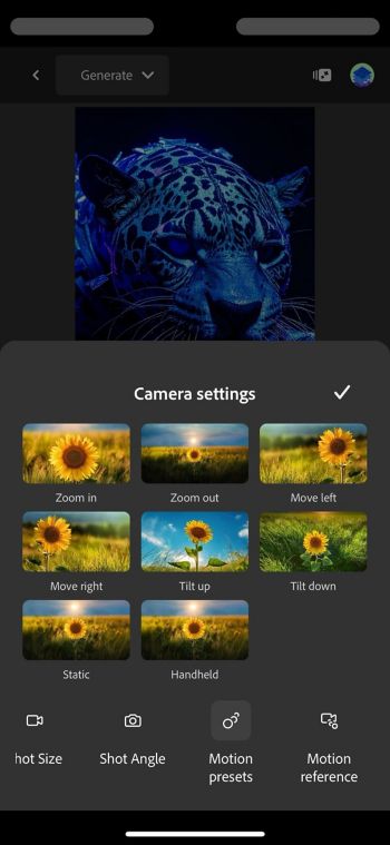 The Text to video screen displays the Motion presets menu with options such as None, zoom in, and Zoom out.
