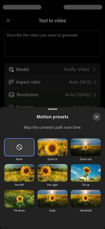 La schermata Da testo a video mostra il menu Predefiniti di movimento con opzioni come Nessuna, Zoom in e Zoom out.