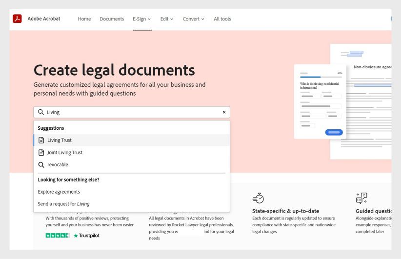 Ang 'Create legal templates' page ay nagpapakita ng Search bar, kung saan nilalagay ang salitang 'Living' at lumabas ang lahat ng nauugnay na option. 