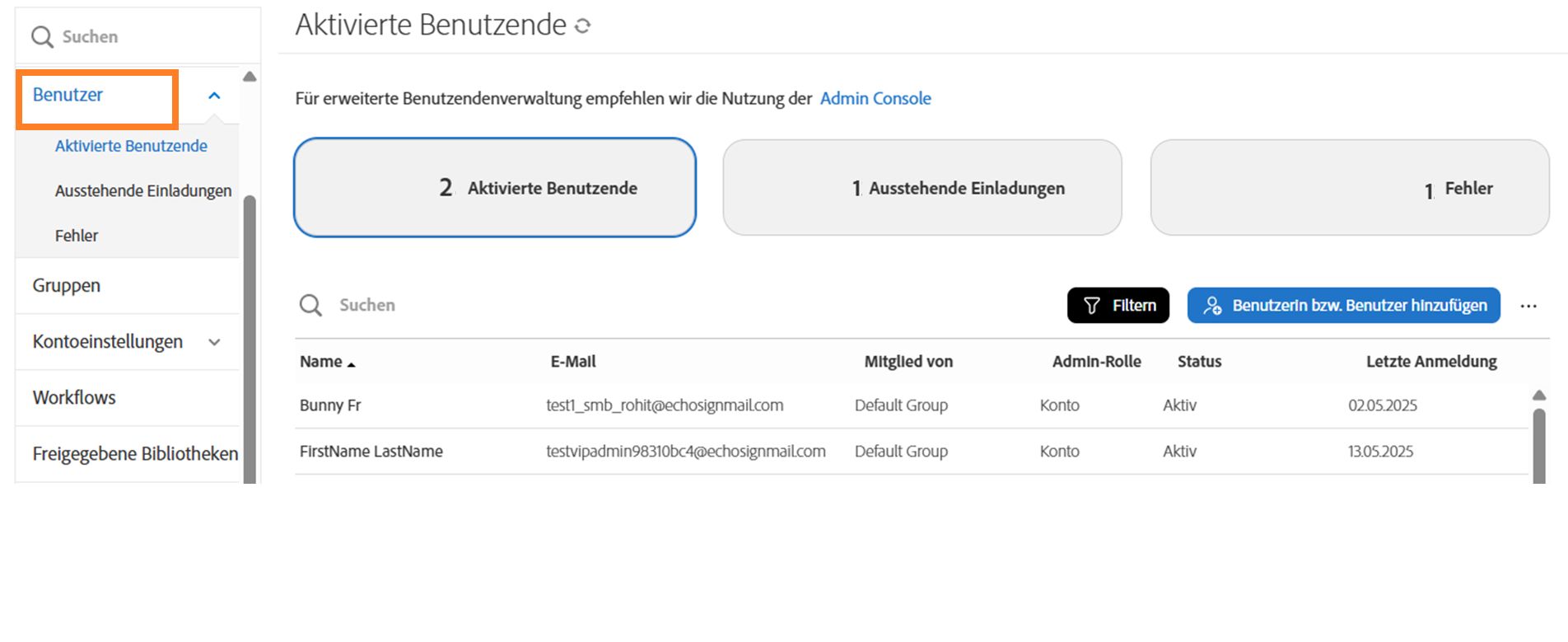 Die Seite „Benutzende“ mit der Ansicht „Aktive Benutzende“
