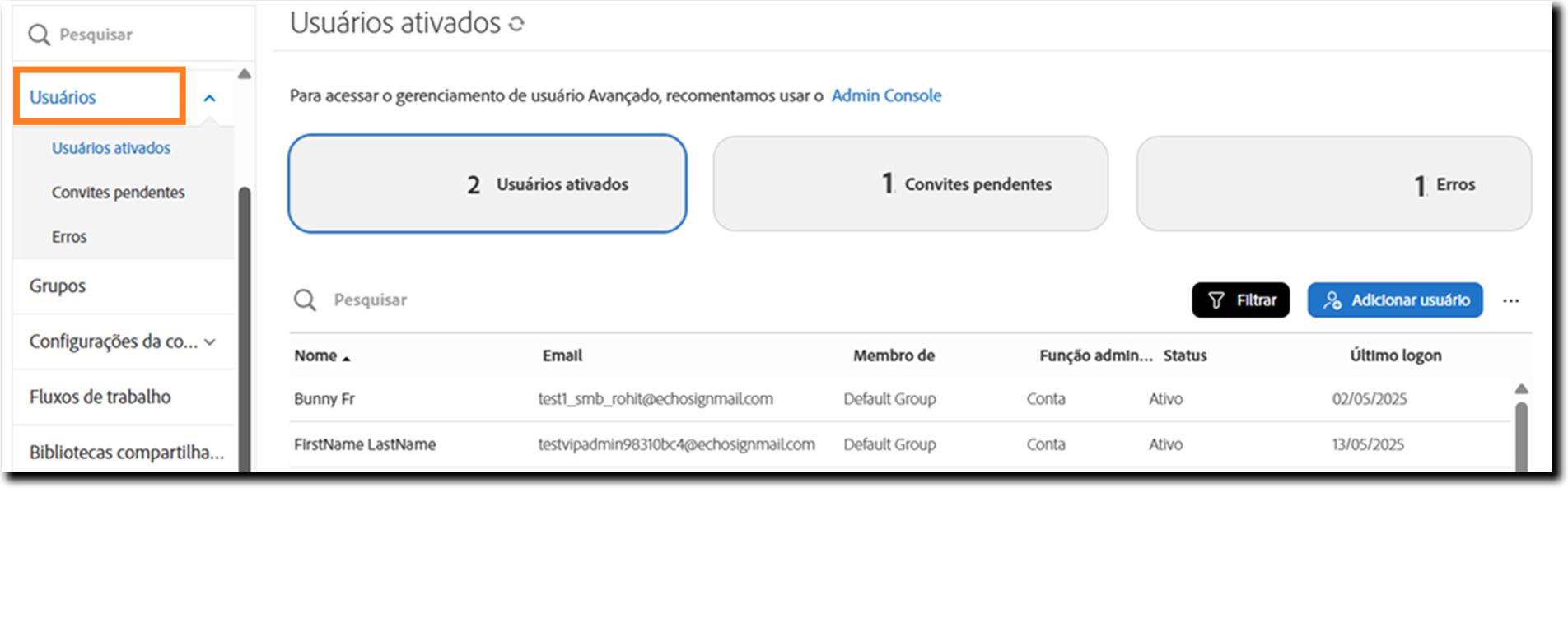 A página Usuários mostrando a exibição Usuários ativos