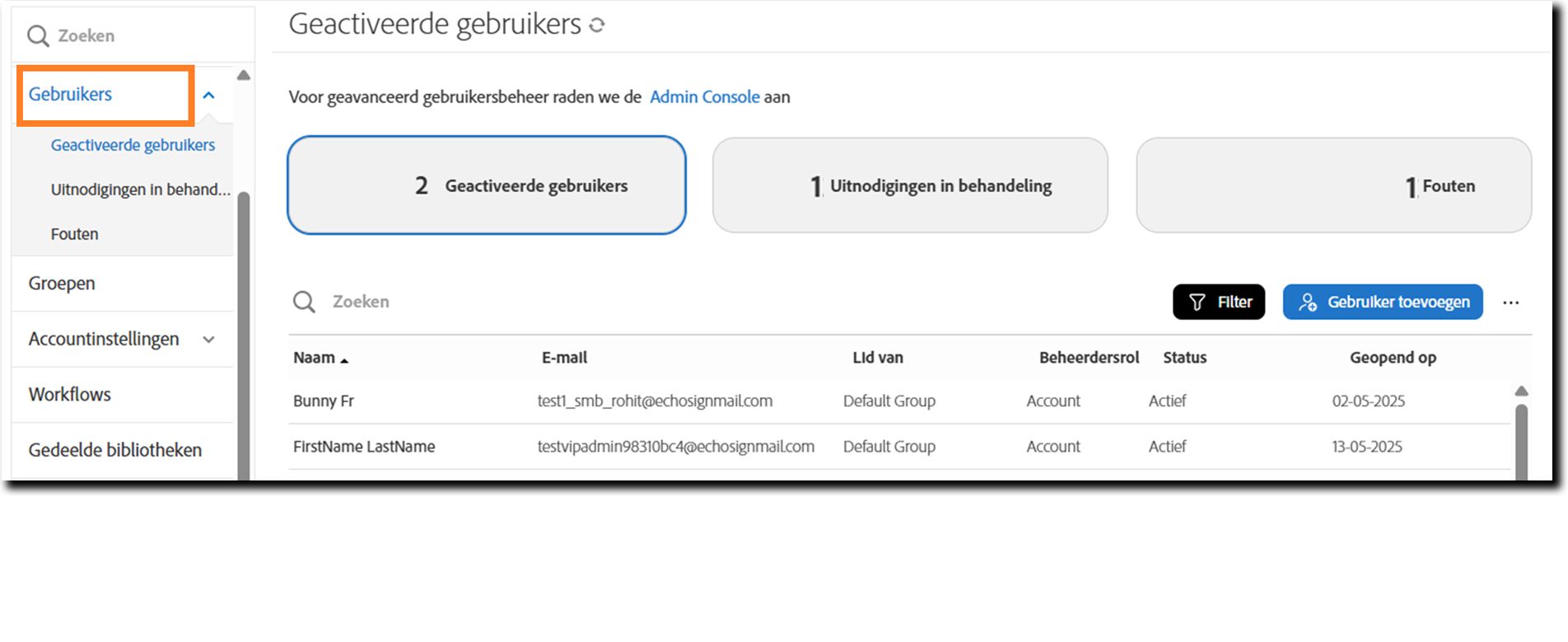 De pagina Gebruikers met de weergave Actieve gebruikers