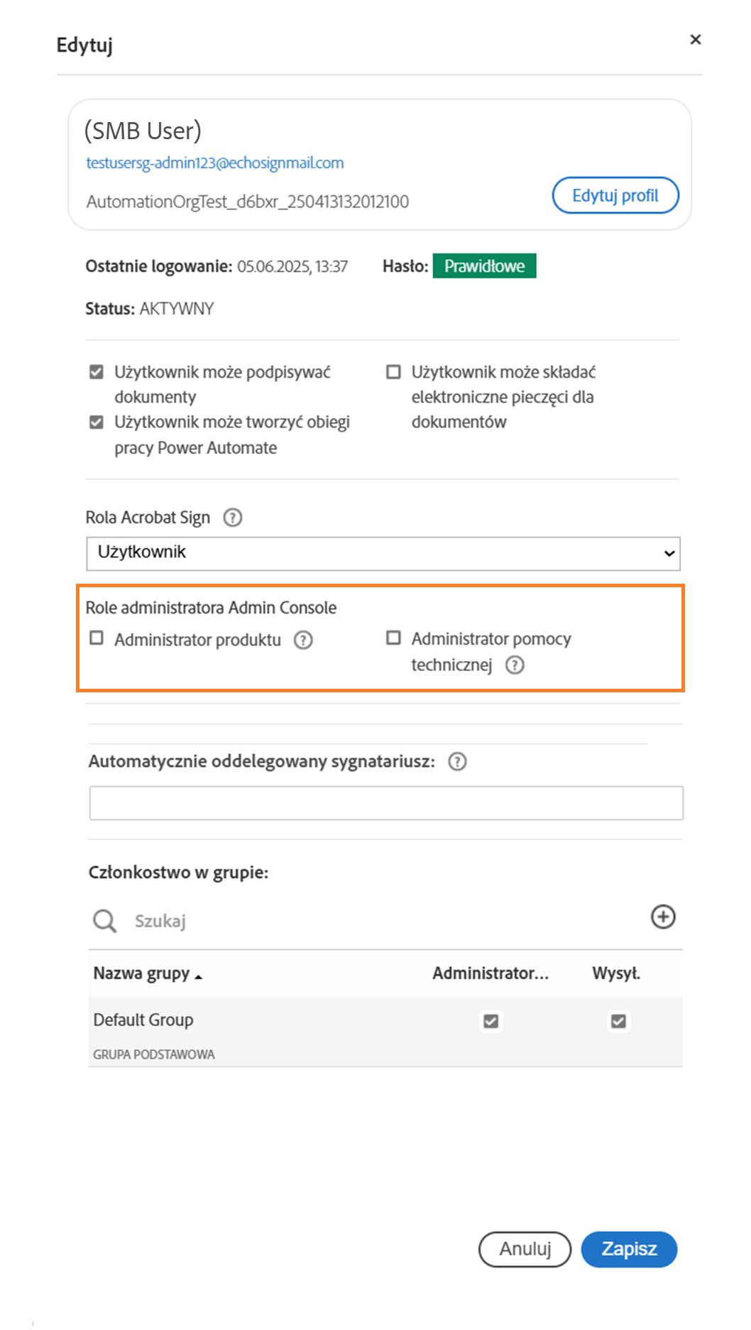 panel Profil użytkownika z podświetlonymi rolami konsoli Admin Console.