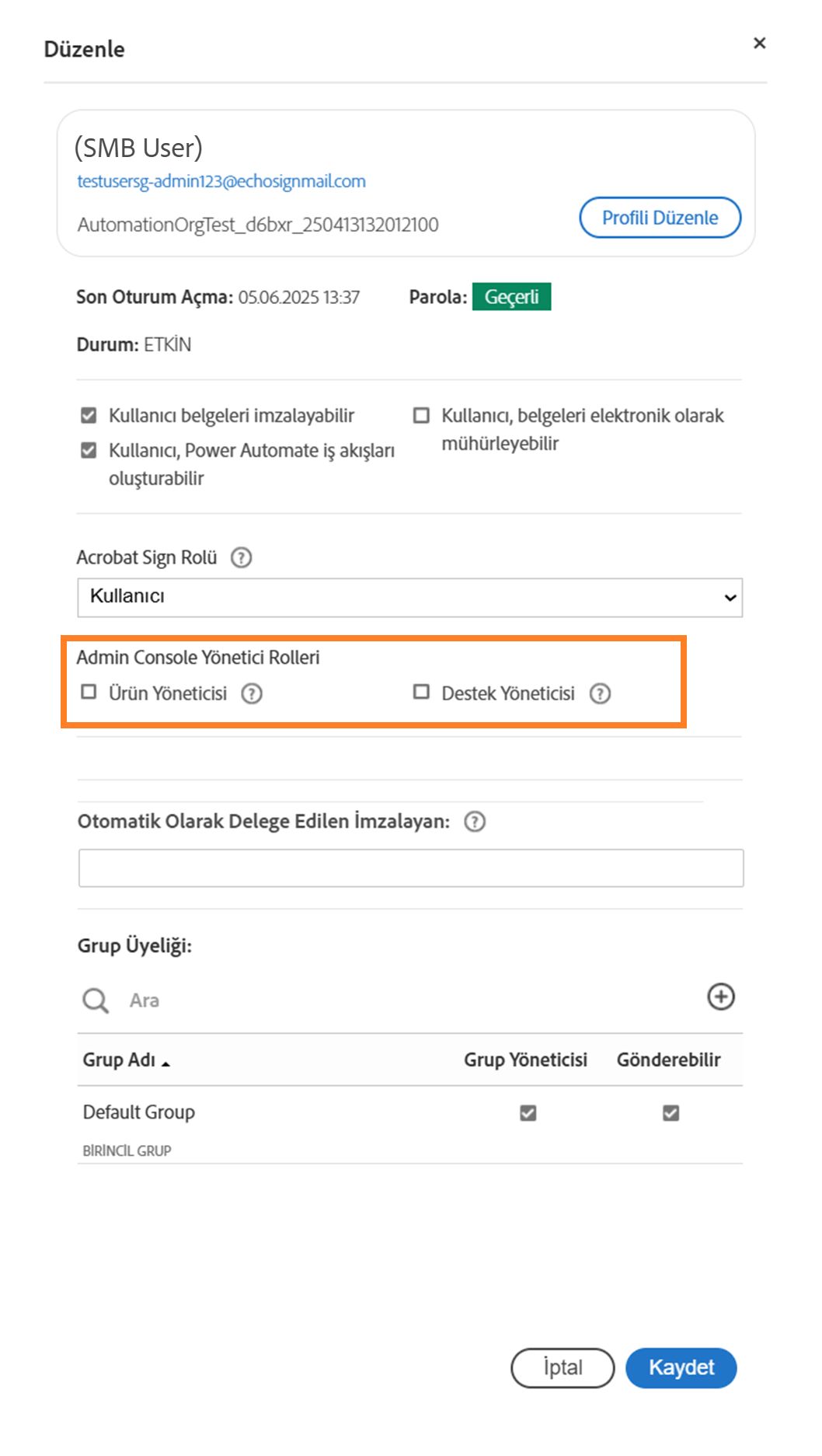 Admin Console rollerinin vurgulandığı Kullanıcı Profili paneli.