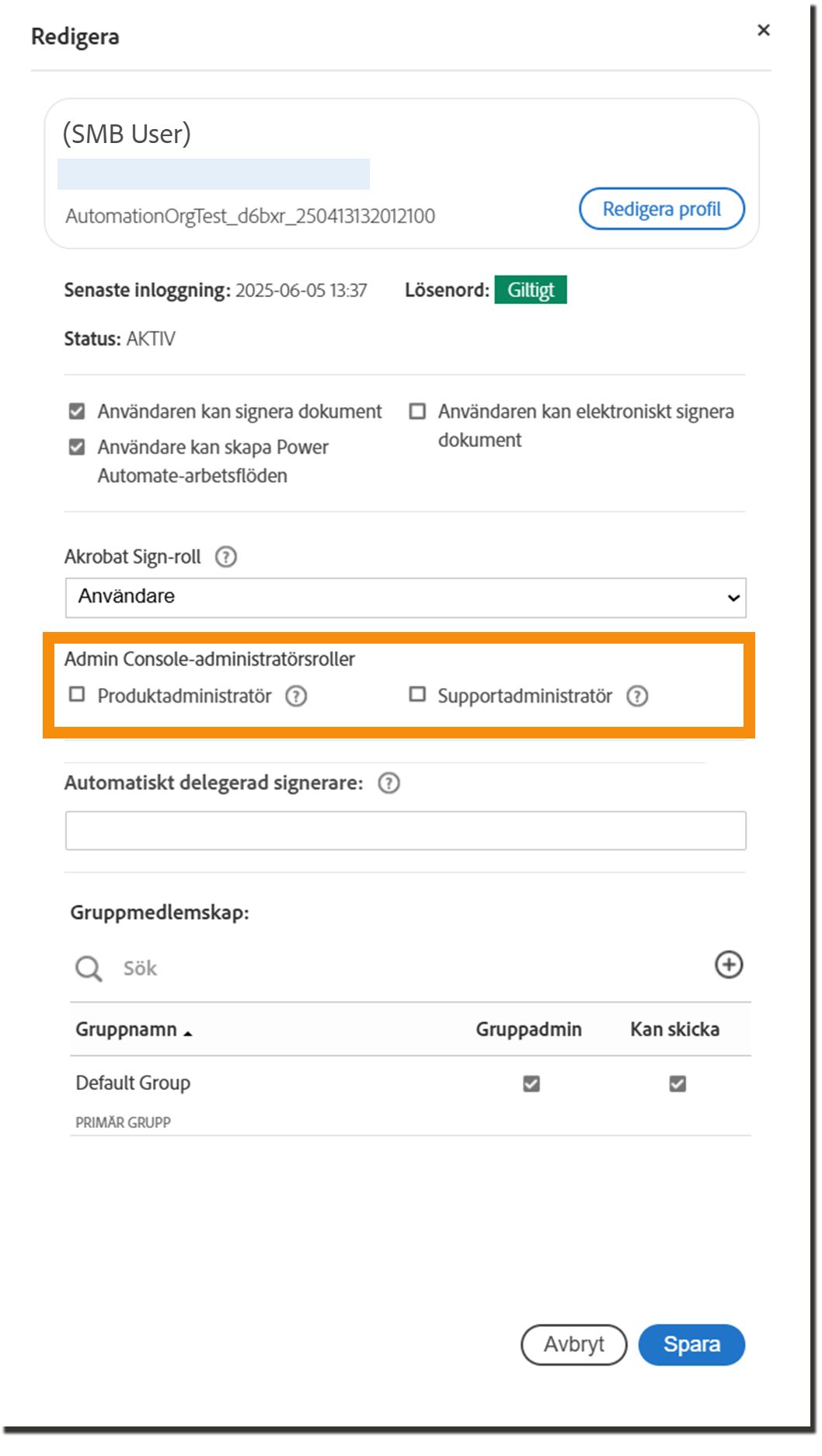 panelen Användarprofil med Admin Console-rollerna markerade.