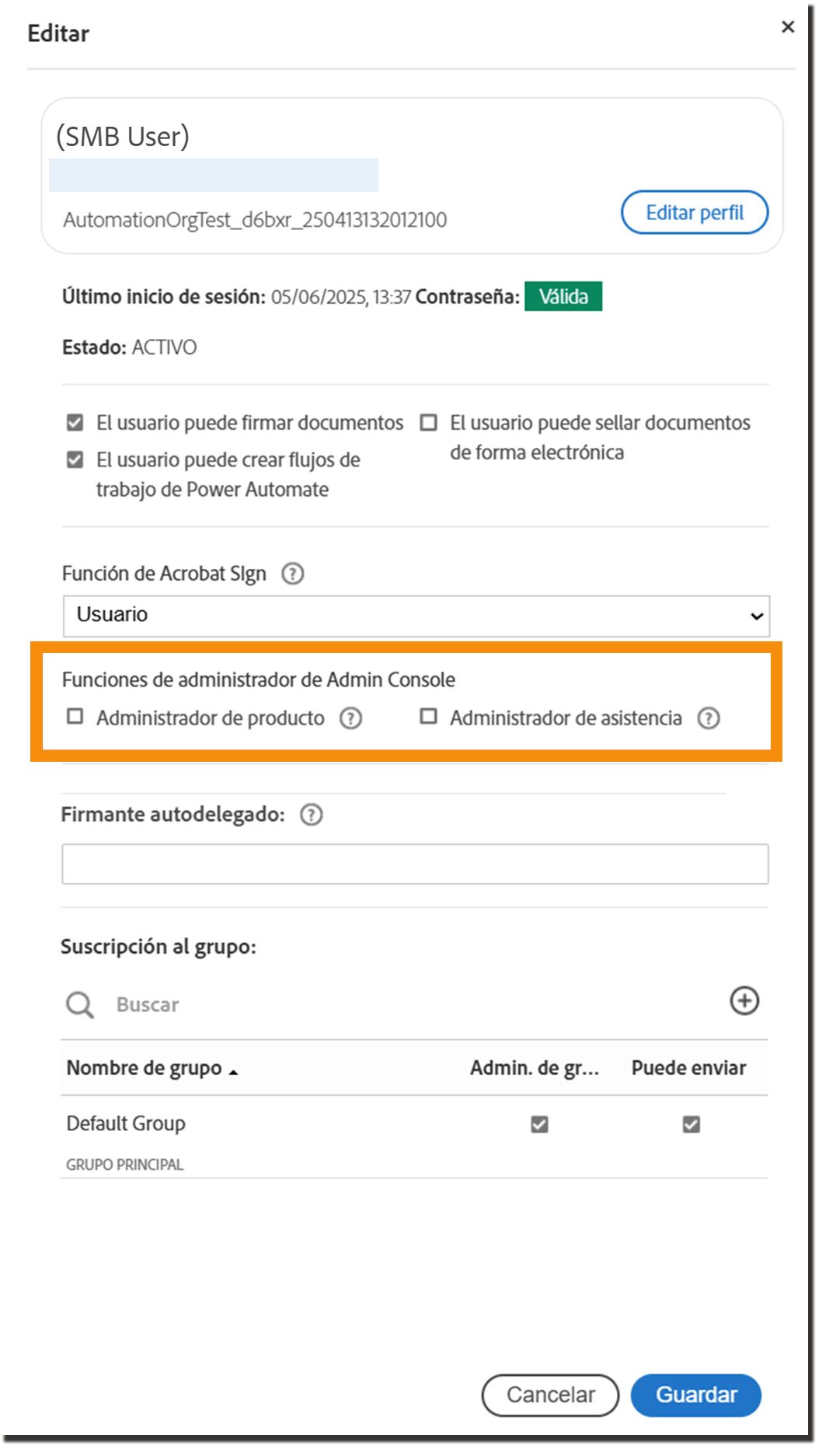 el panel Perfil de usuario con las funciones de Admin Console resaltadas.