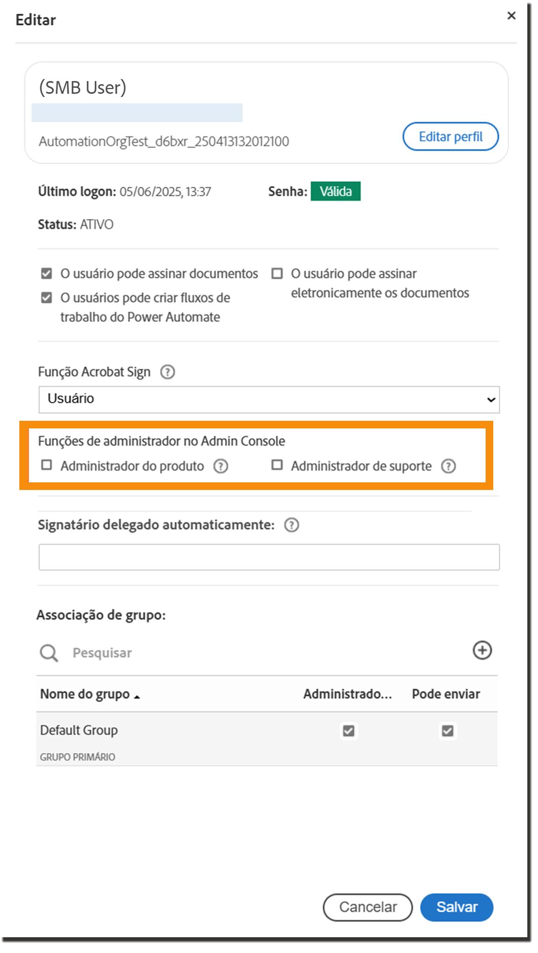 o painel “Perfil do usuário” com as funções do Admin Console destacadas.