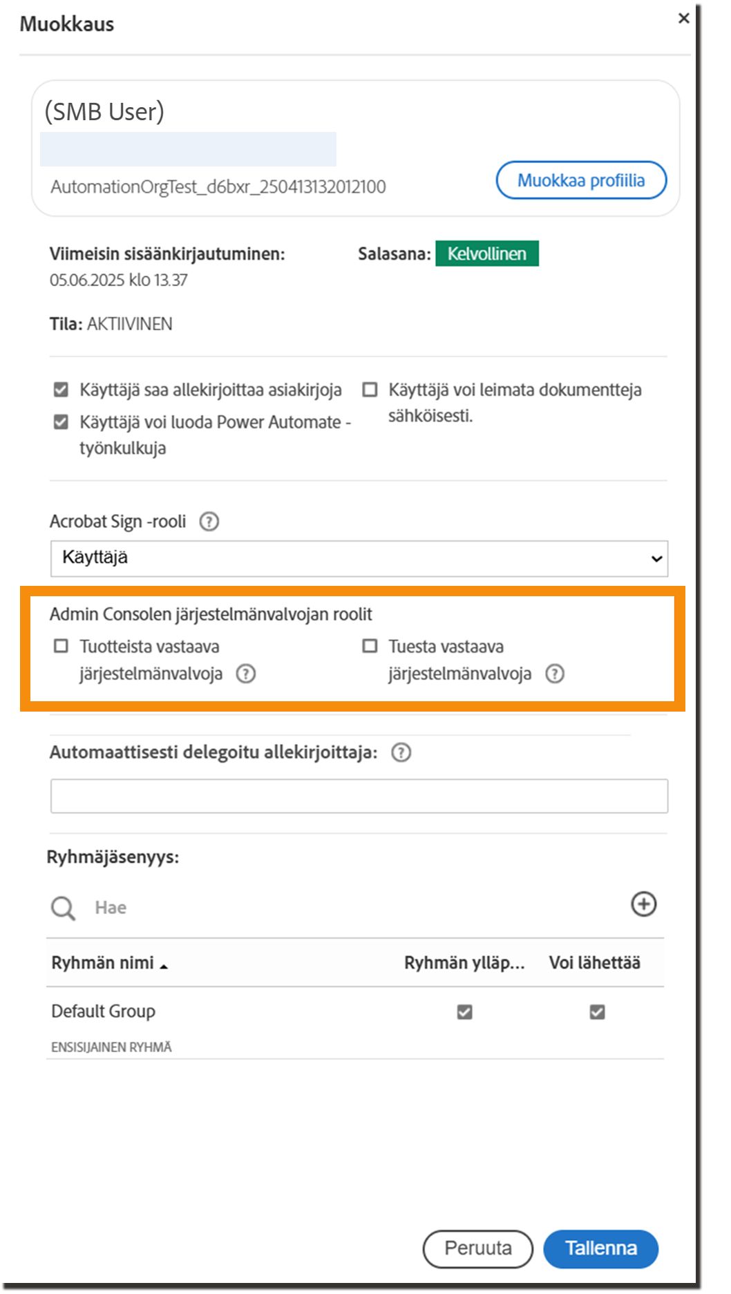 Käyttäjäprofiili-paneeli, jossa Admin Consolen roolit on korostettu.