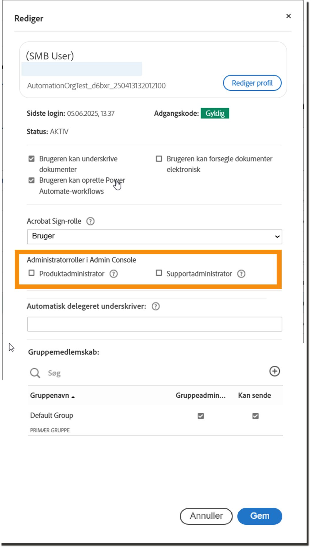 panelet Brugerprofil med rollerne i Admin Console fremhævet.