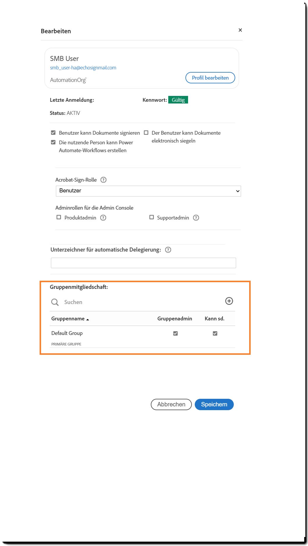 Das Benutzendenprofilfeld, in dem die Einstellungen auf Gruppenebene hervorgehoben sind