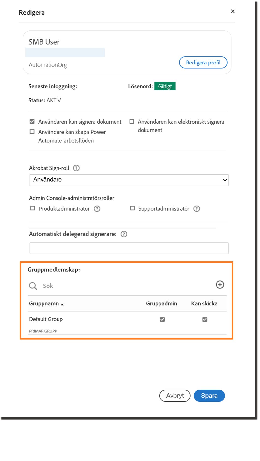 Panelen Användarprofil som markerar inställningarna på gruppnivå