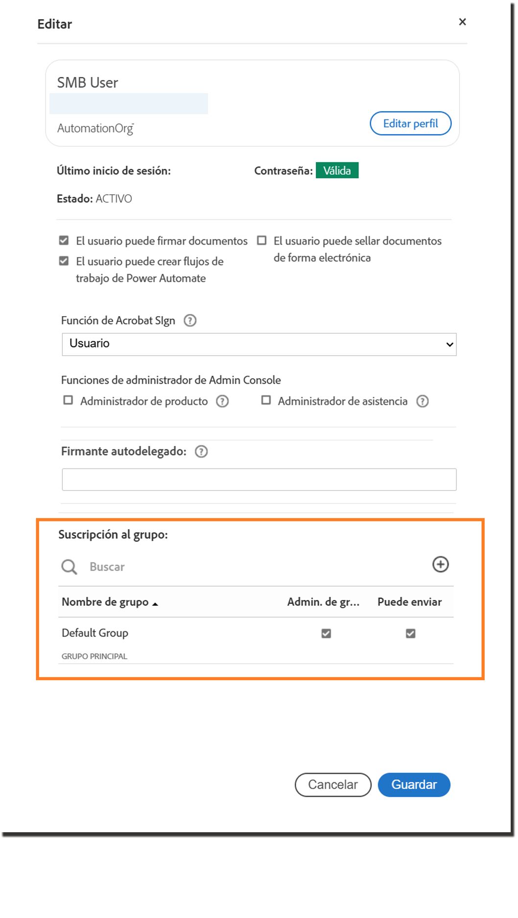 El panel del perfiles de usuario que resalta la configuración de nivel de grupo
