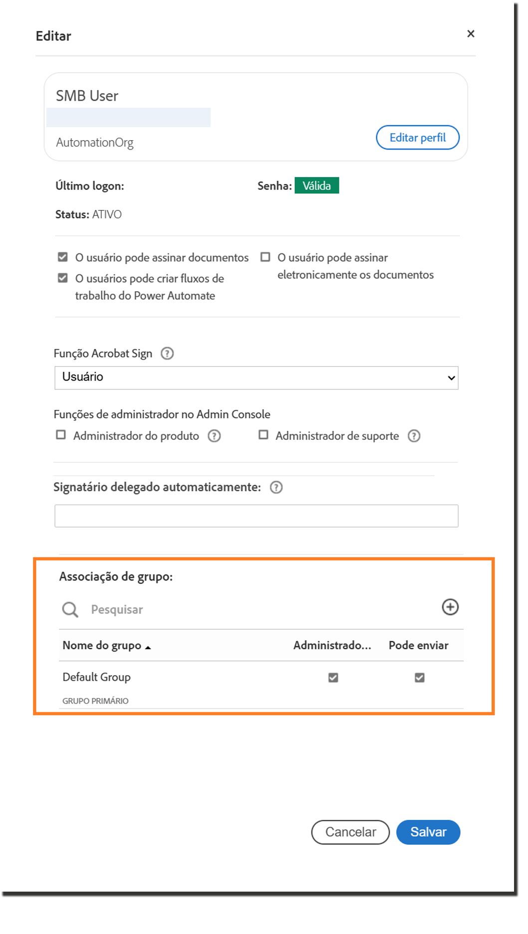 O painel de perfil do usuário, destacando as configurações na camada dos grupos