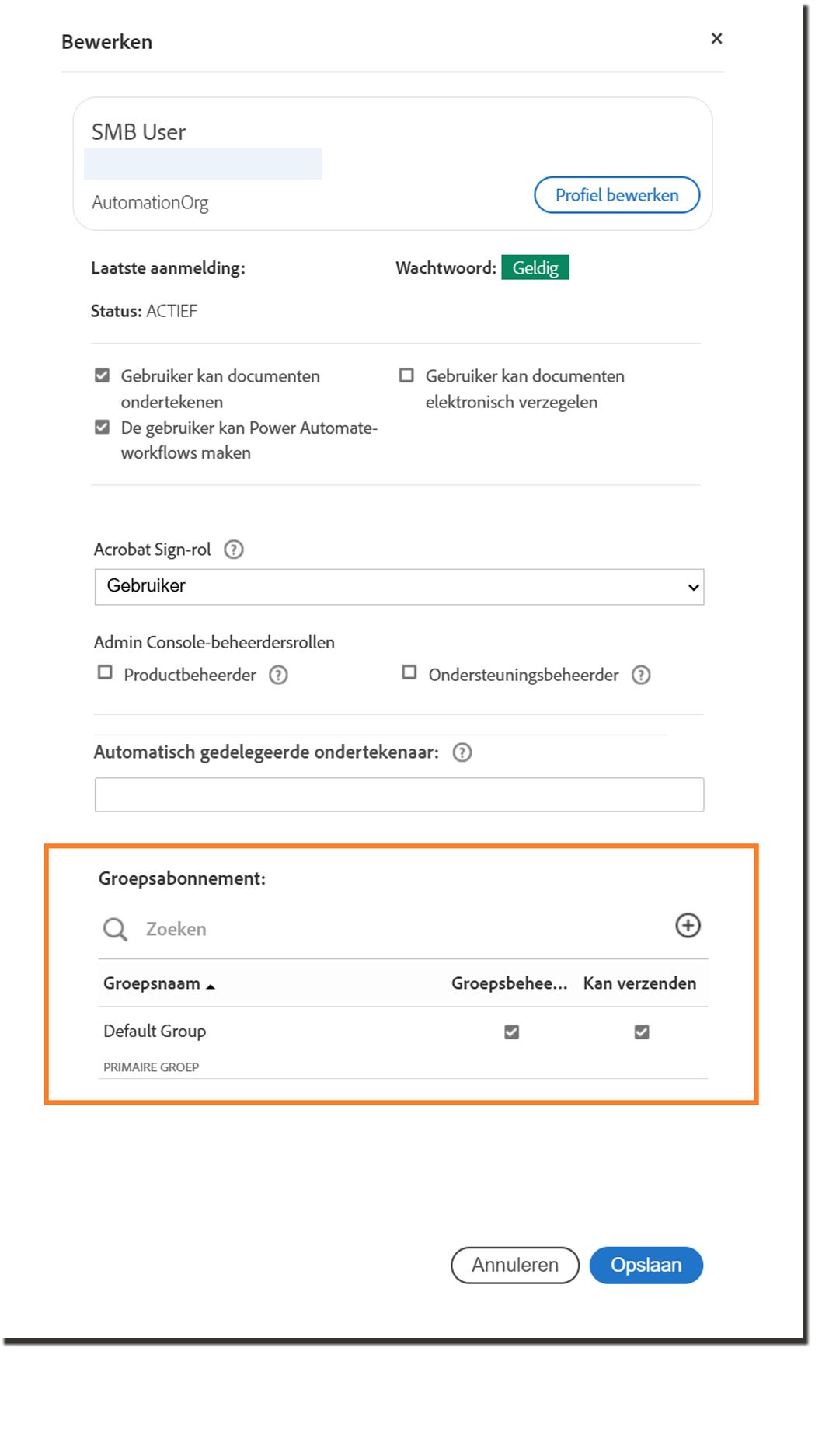 Het gebruikersprofieldeelvenster met de instellingen op groepsniveau