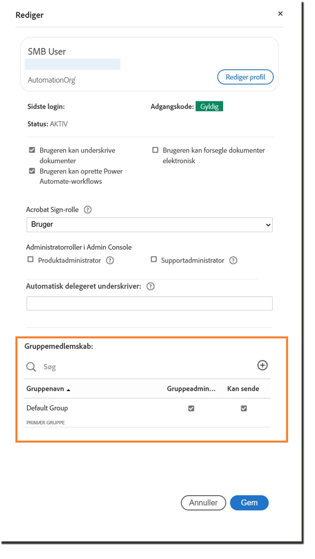 Brugerprofilpanelet, der fremhæver indstillingerne på gruppeniveau