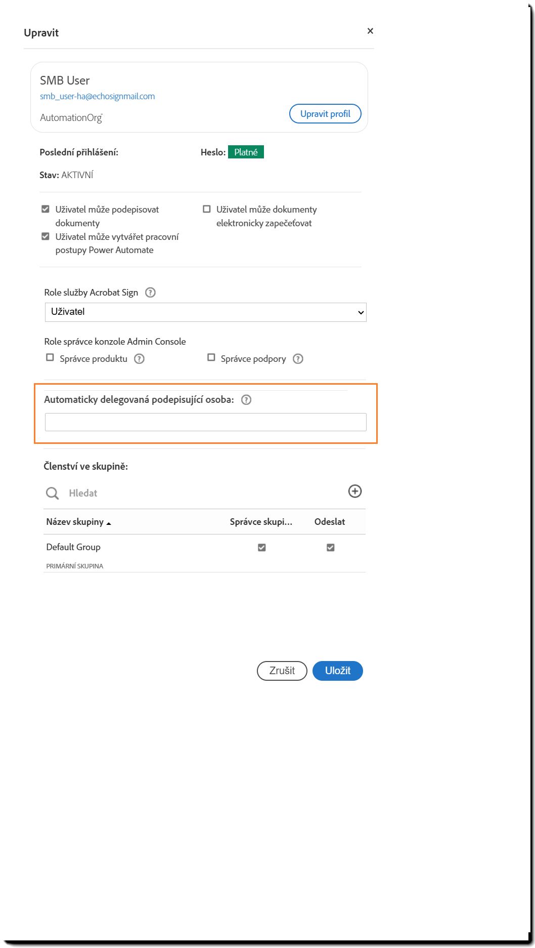Panel uživatelského profilu zvýrazňující nastavení automatického delegování