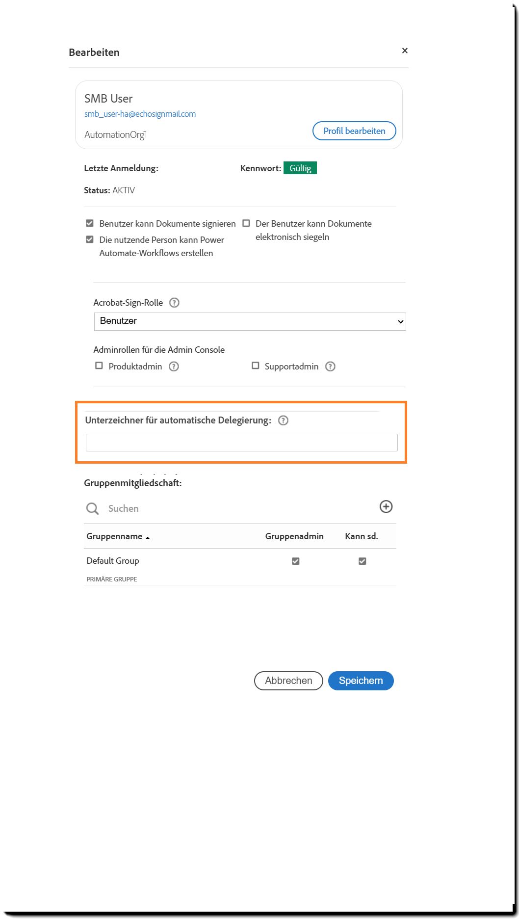 Das Benutzendenprofilfeld, in dem die Einstellungen für die automatische Delegierung hervorgehoben sind