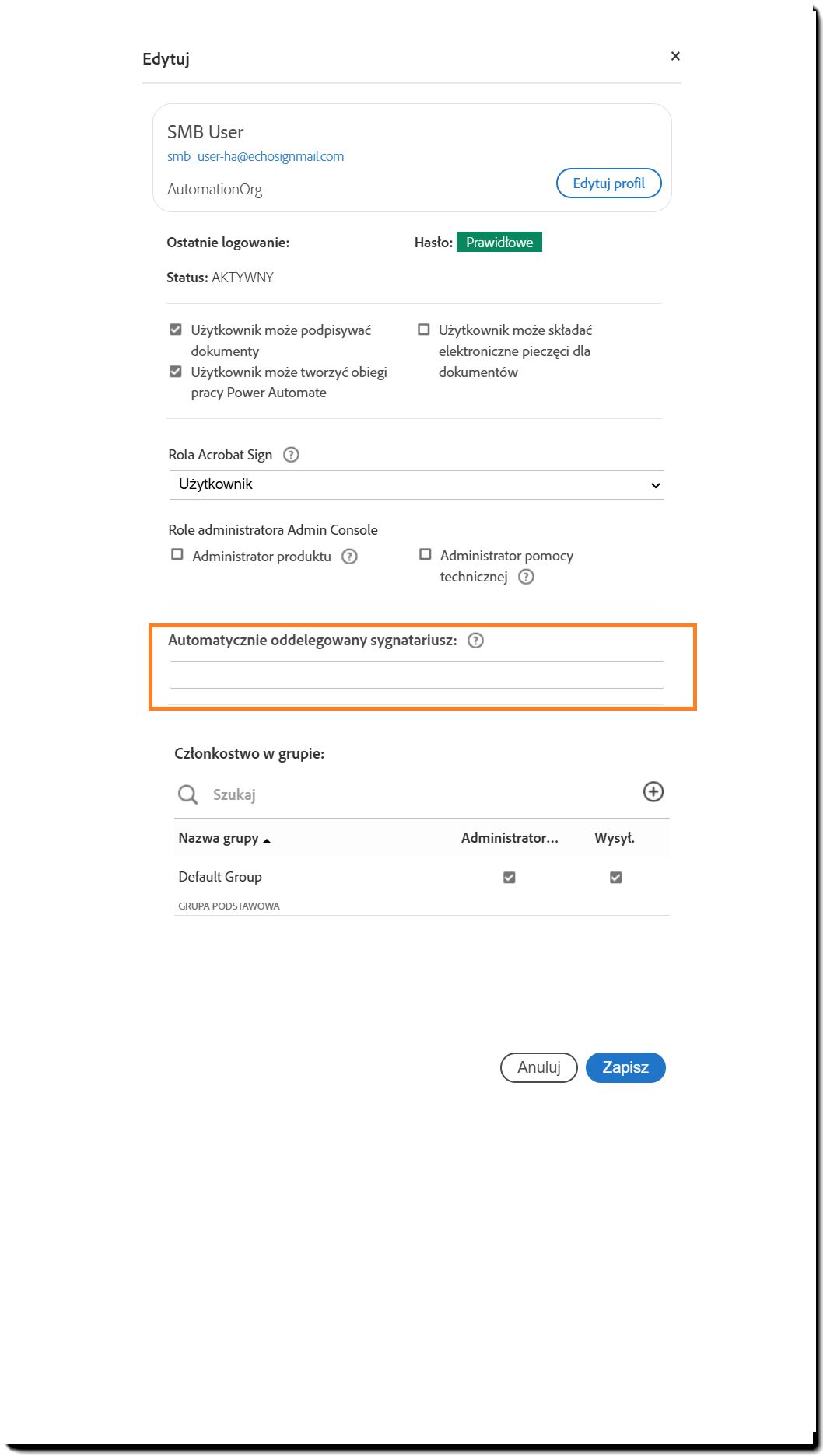 Panel profilu użytkownika z podświetlonymi ustawieniami automatycznej delegacji